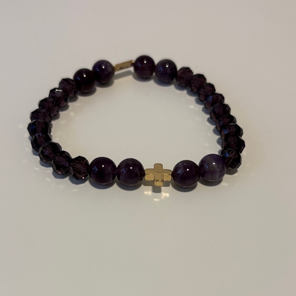 Purple Beaded Bracelet with Gold Cross Accent
